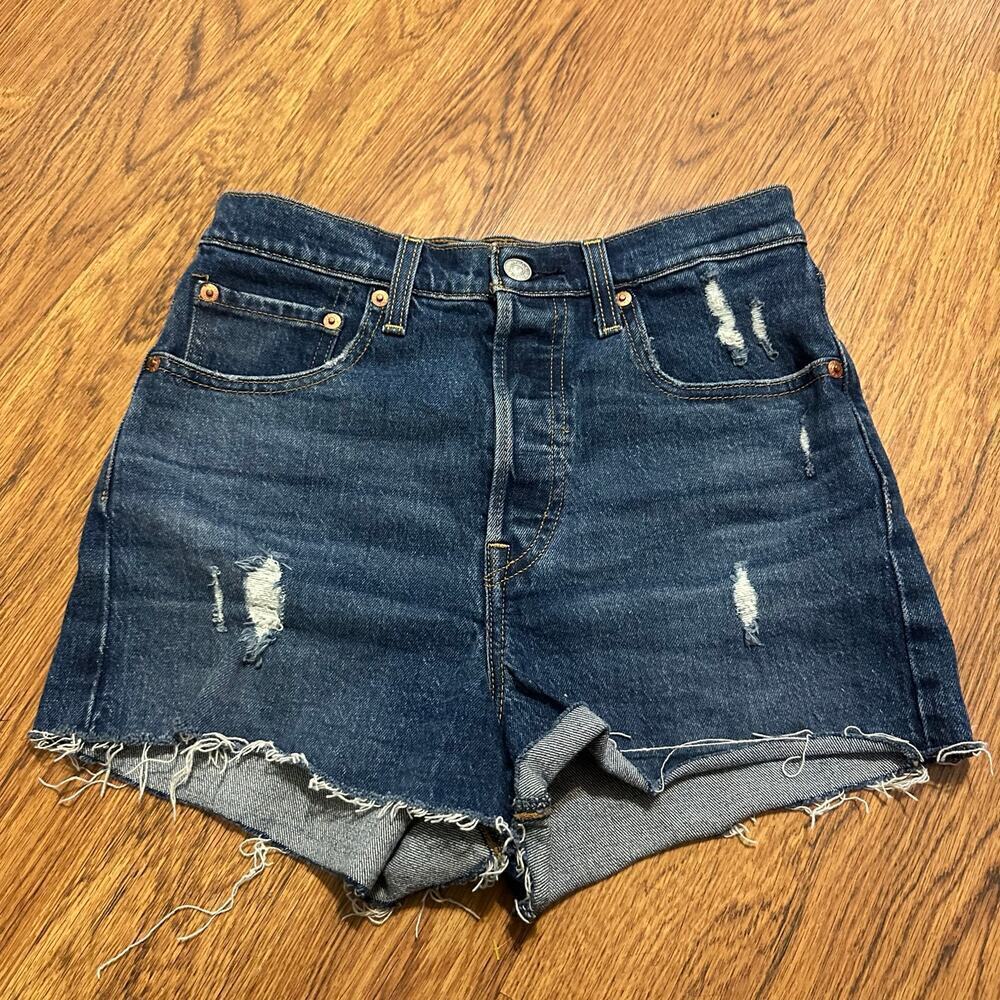 Levi’s blue denim RIBCAGE jeans distressed raw hem cotton blend jean shorts 27